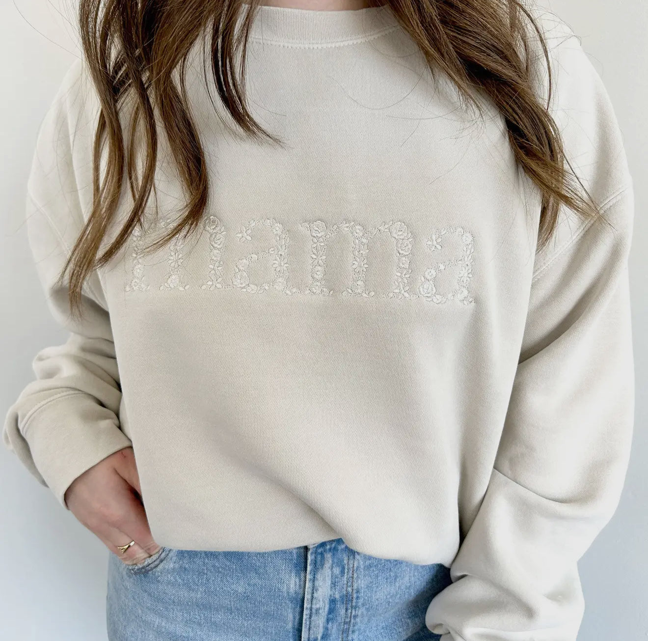 Pre order: Mama delicate floral embroidered crew