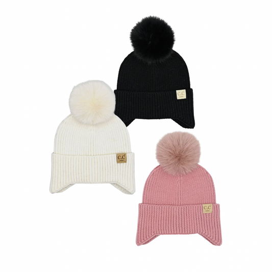 Toddler ear flap pom beanie