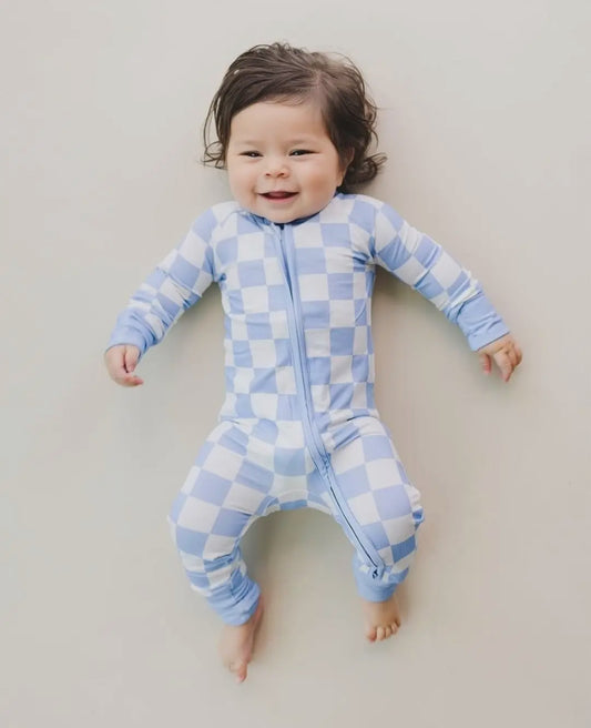 Blue checkered bamboo romper pajama