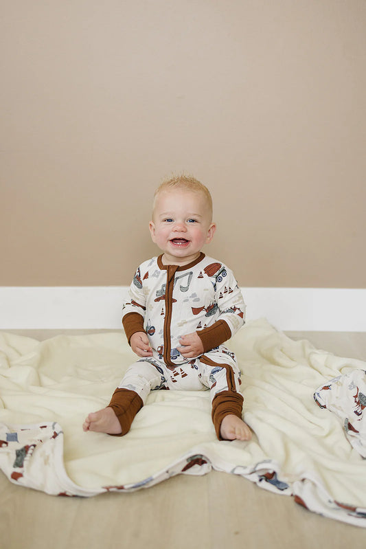 Construction time ribbed bamboo romper pajama