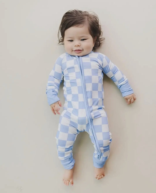 Blue checkered bamboo romper pajama