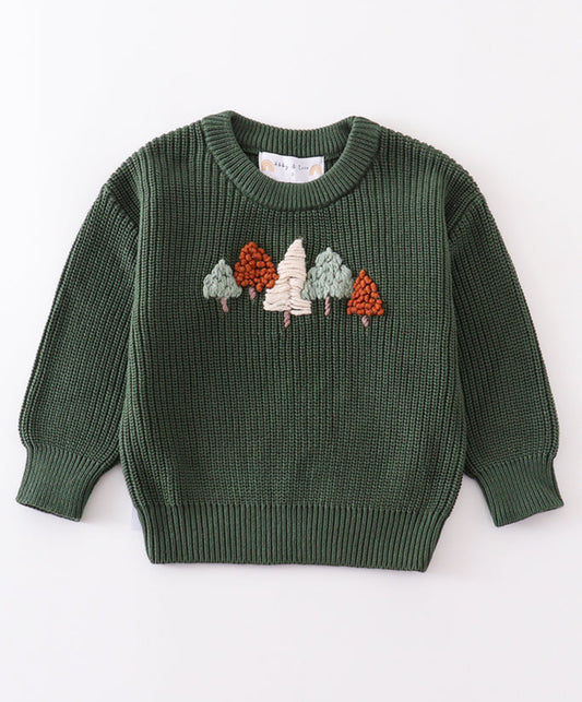 Embroidered trees knit sweater