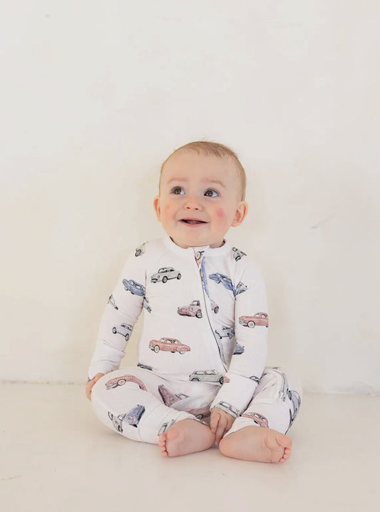 Car show ribbed bamboo romper pajama