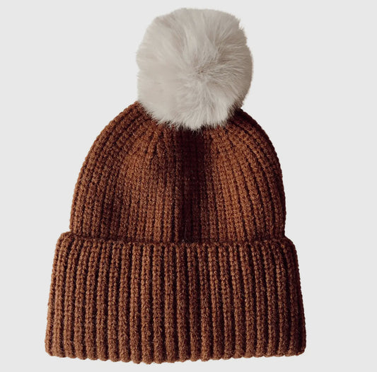 Rib knit fur pom beanie, saddle