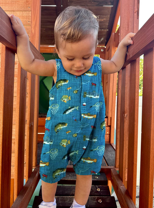 Gone fishing muslin romper